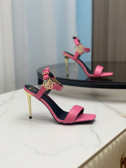 BALMAIN 25S HIGH HEELS WITH B METAL DETAIL 95MM IN PINK CALFSKIN