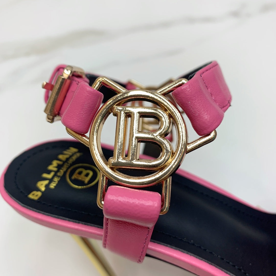 BALMAIN 25S HIGH HEELS WITH B METAL DETAIL 95MM IN PINK CALFSKIN