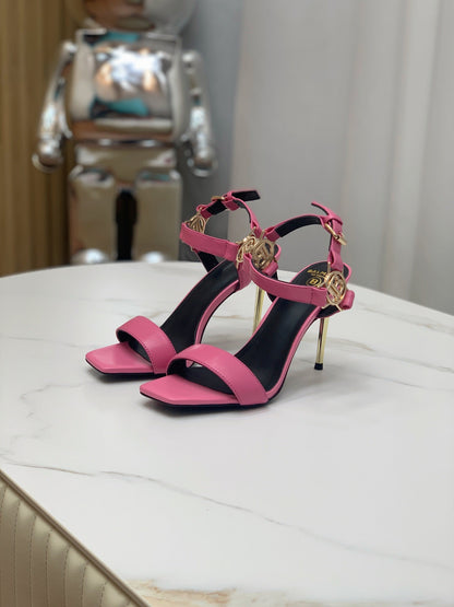 BALMAIN 25S HIGH HEELS WITH B METAL DETAIL 95MM IN PINK CALFSKIN