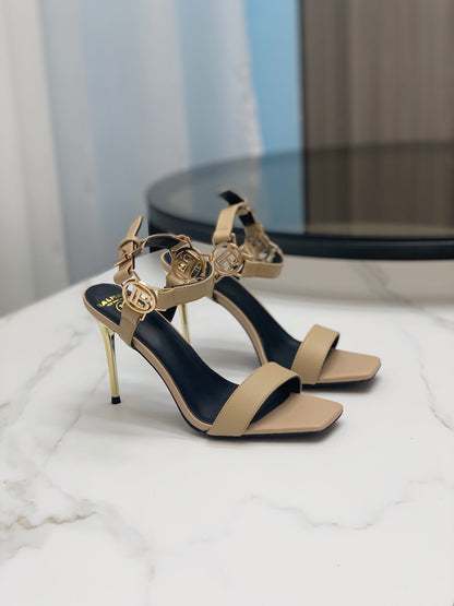 BALMAIN 25S HIGH HEELS WITH B METAL DETAIL 95MM IN LIGHT BROWN CALFSKIN