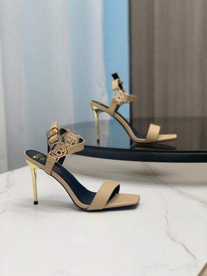 BALMAIN 25S HIGH HEELS WITH B METAL DETAIL 95MM IN LIGHT BROWN CALFSKIN