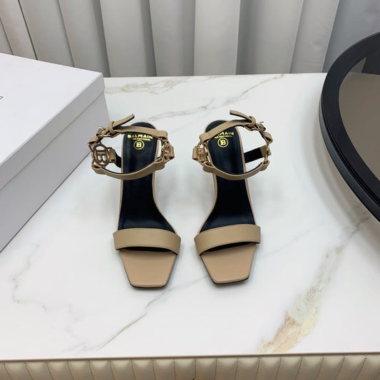 BALMAIN 25S HIGH HEELS WITH B METAL DETAIL 95MM IN LIGHT BROWN CALFSKIN