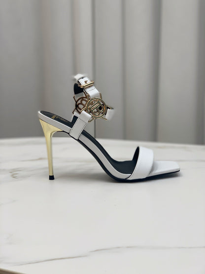 BALMAIN 25S HIGH HEELS WITH B METAL DETAIL 95MM IN LIGHT GRAY CALFSKIN