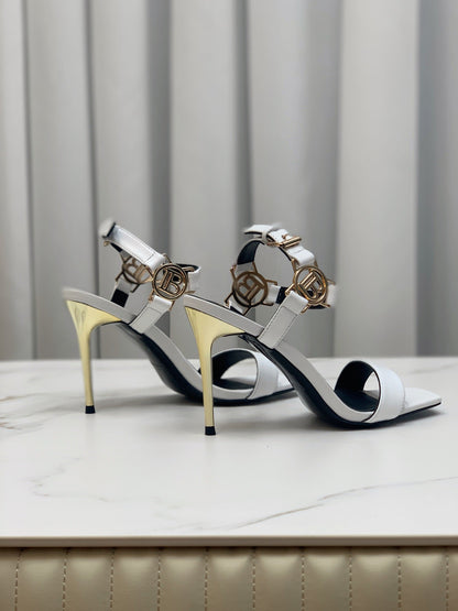 BALMAIN 25S HIGH HEELS WITH B METAL DETAIL 95MM IN LIGHT GRAY CALFSKIN