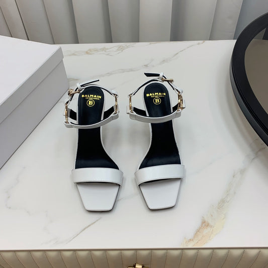 BALMAIN 25S HIGH HEELS WITH B METAL DETAIL 95MM IN LIGHT GRAY CALFSKIN