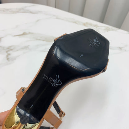 BALMAIN 25S HIGH HEELS WITH B METAL DETAIL 95MM IN CARAMEL CALFSKIN