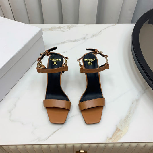 BALMAIN 25S HIGH HEELS WITH B METAL DETAIL 95MM IN CARAMEL CALFSKIN