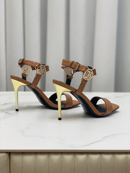 BALMAIN 25S HIGH HEELS WITH B METAL DETAIL 95MM IN CARAMEL CALFSKIN