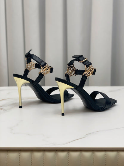 BALMAIN 25S HIGH HEELS WITH B METAL DETAIL 95MM IN BLACK CALFSKIN