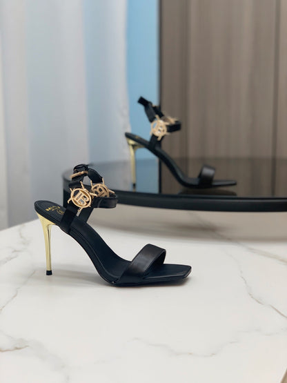 BALMAIN 25S HIGH HEELS WITH B METAL DETAIL 95MM IN BLACK CALFSKIN