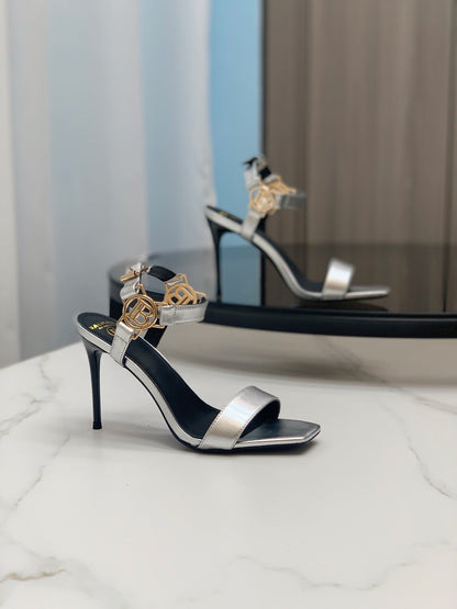 BALMAIN 25S HIGH HEELS WITH B METAL DETAIL 95MM IN SILVER CALFSKIN