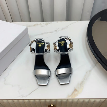 BALMAIN 25S HIGH HEELS WITH B METAL DETAIL 95MM IN SILVER CALFSKIN