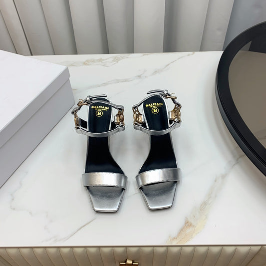 BALMAIN 25S HIGH HEELS WITH B METAL DETAIL 95MM IN SILVER CALFSKIN