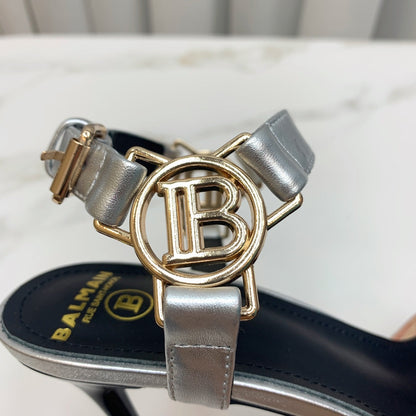 BALMAIN 25S HIGH HEELS WITH B METAL DETAIL 95MM IN SILVER CALFSKIN