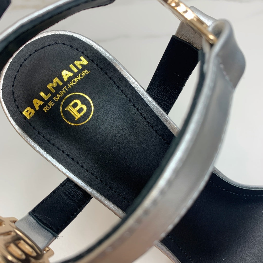 BALMAIN 25S HIGH HEELS WITH B METAL DETAIL 95MM IN SILVER CALFSKIN