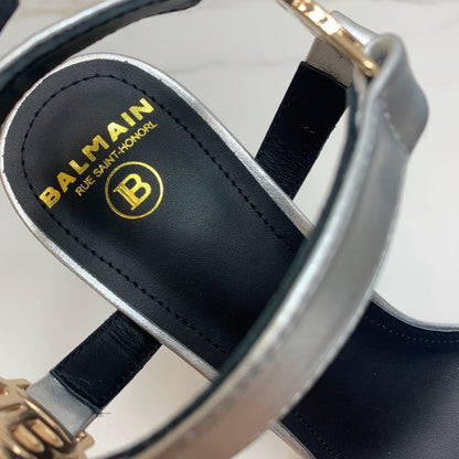 BALMAIN 25S HIGH HEELS WITH B METAL DETAIL 95MM IN SILVER CALFSKIN