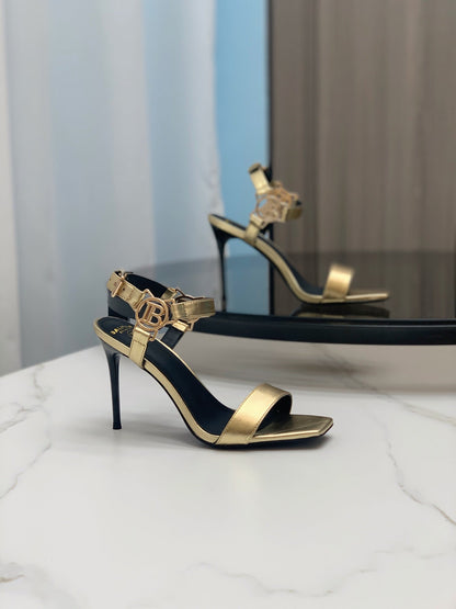 BALMAIN 25S HIGH HEELS WITH B METAL DETAIL 95MM IN GOLD CALFSKIN