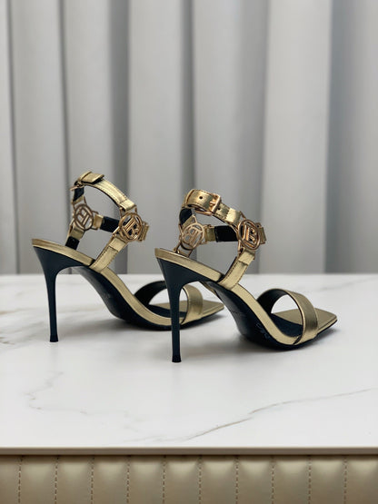 BALMAIN 25S HIGH HEELS WITH B METAL DETAIL 95MM IN GOLD CALFSKIN