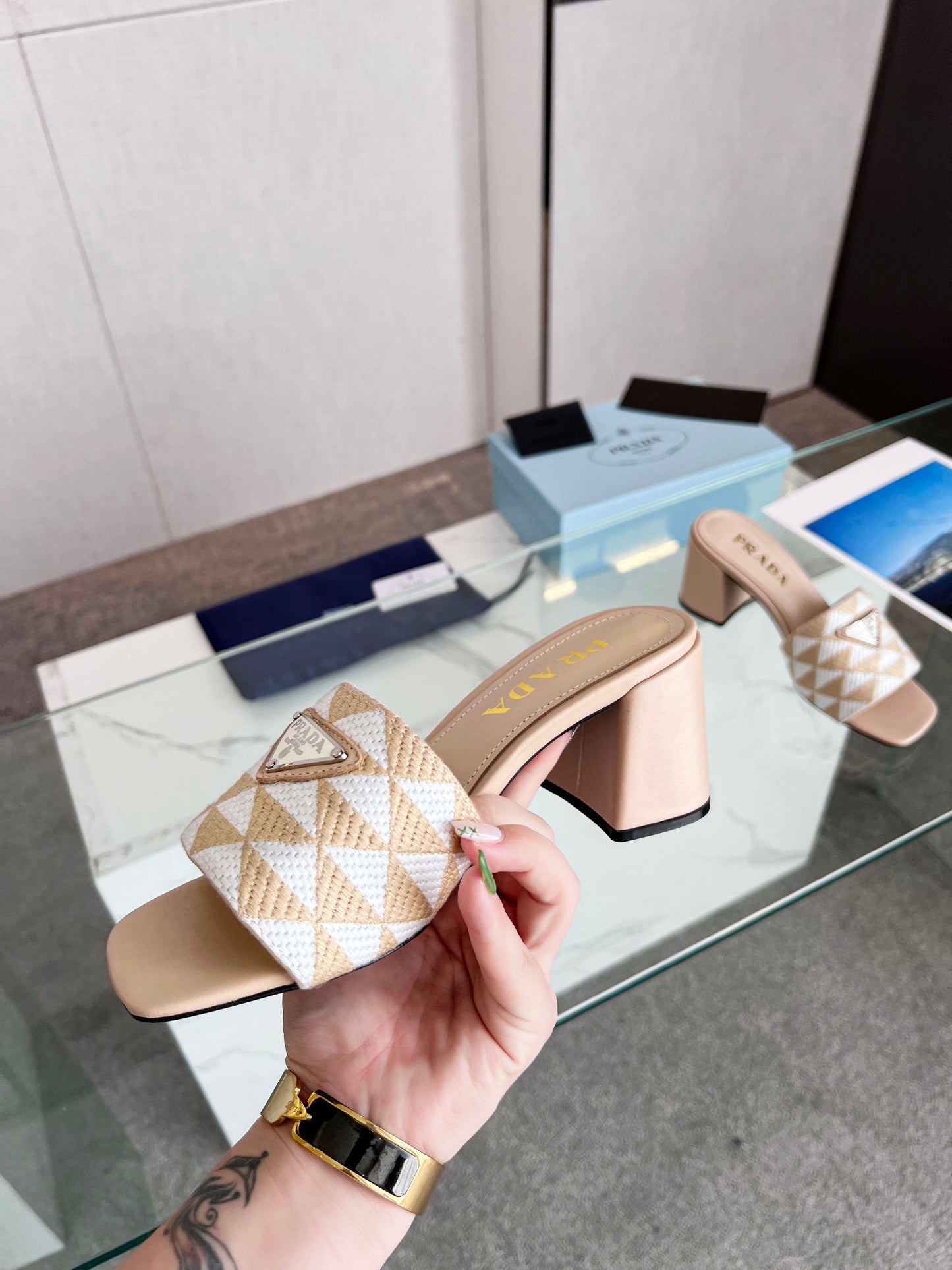 PRA EMBROIDERED SLIDES 65 BEIGE FABRIC