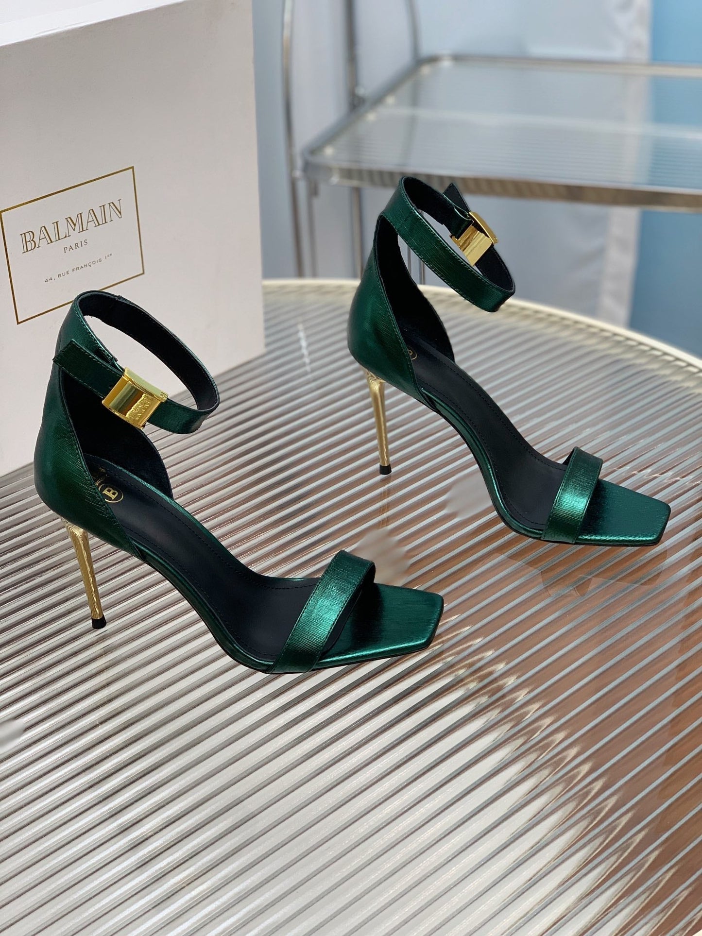 BALMAIN 25S METAL BUCKLE HIGH HEELS 95MM IN TEAL GREEN CALFSKIN