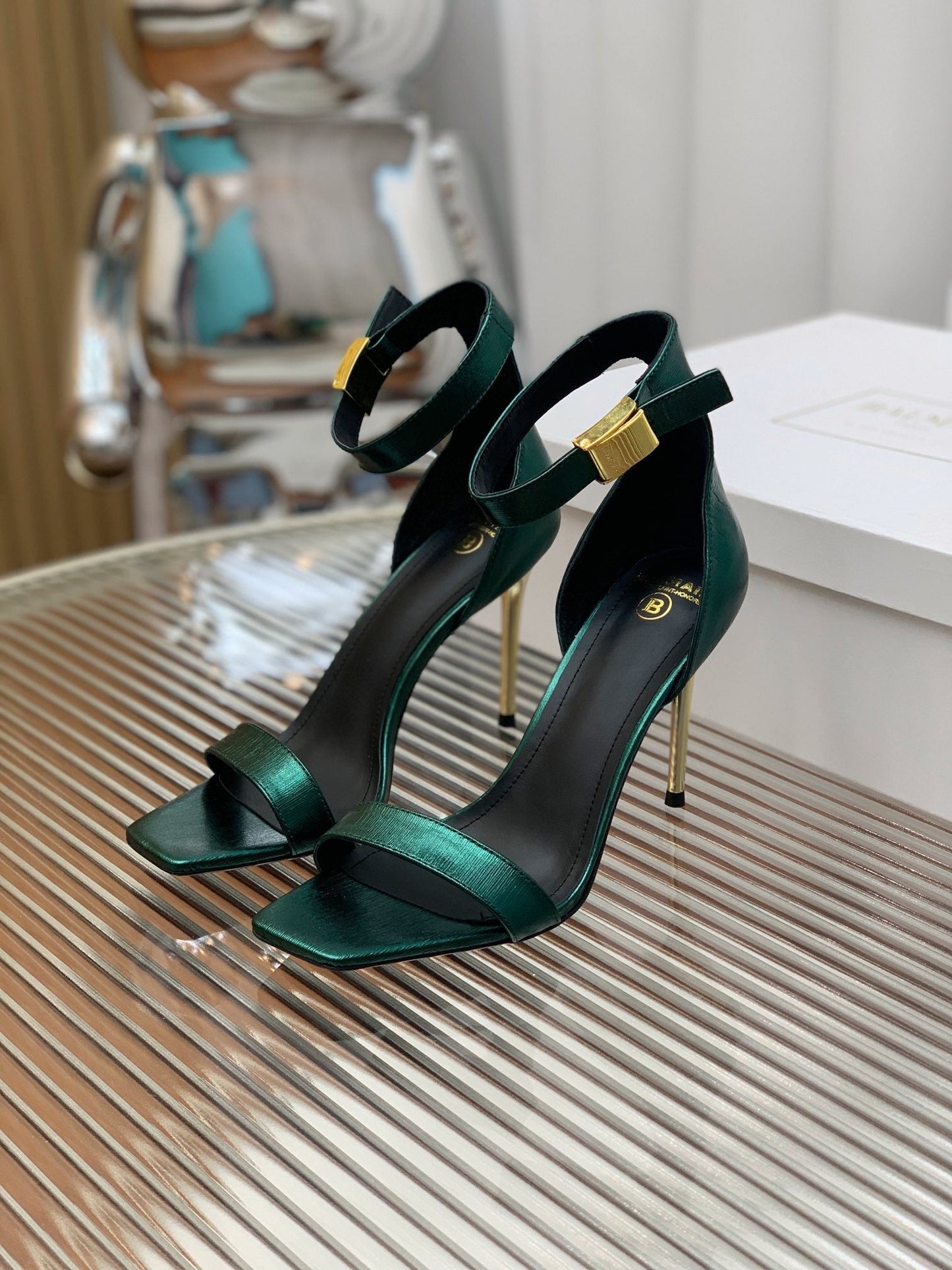 BALMAIN 25S METAL BUCKLE HIGH HEELS 95MM IN TEAL GREEN CALFSKIN