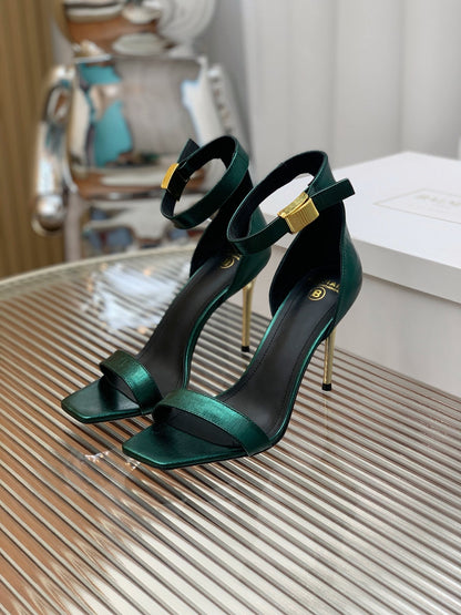 BALMAIN 25S METAL BUCKLE HIGH HEELS 95MM IN TEAL GREEN CALFSKIN