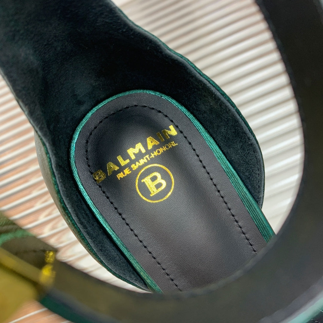 BALMAIN 25S METAL BUCKLE HIGH HEELS 95MM IN TEAL GREEN CALFSKIN