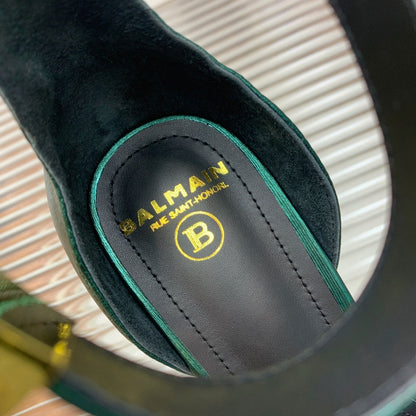 BALMAIN 25S METAL BUCKLE HIGH HEELS 95MM IN TEAL GREEN CALFSKIN