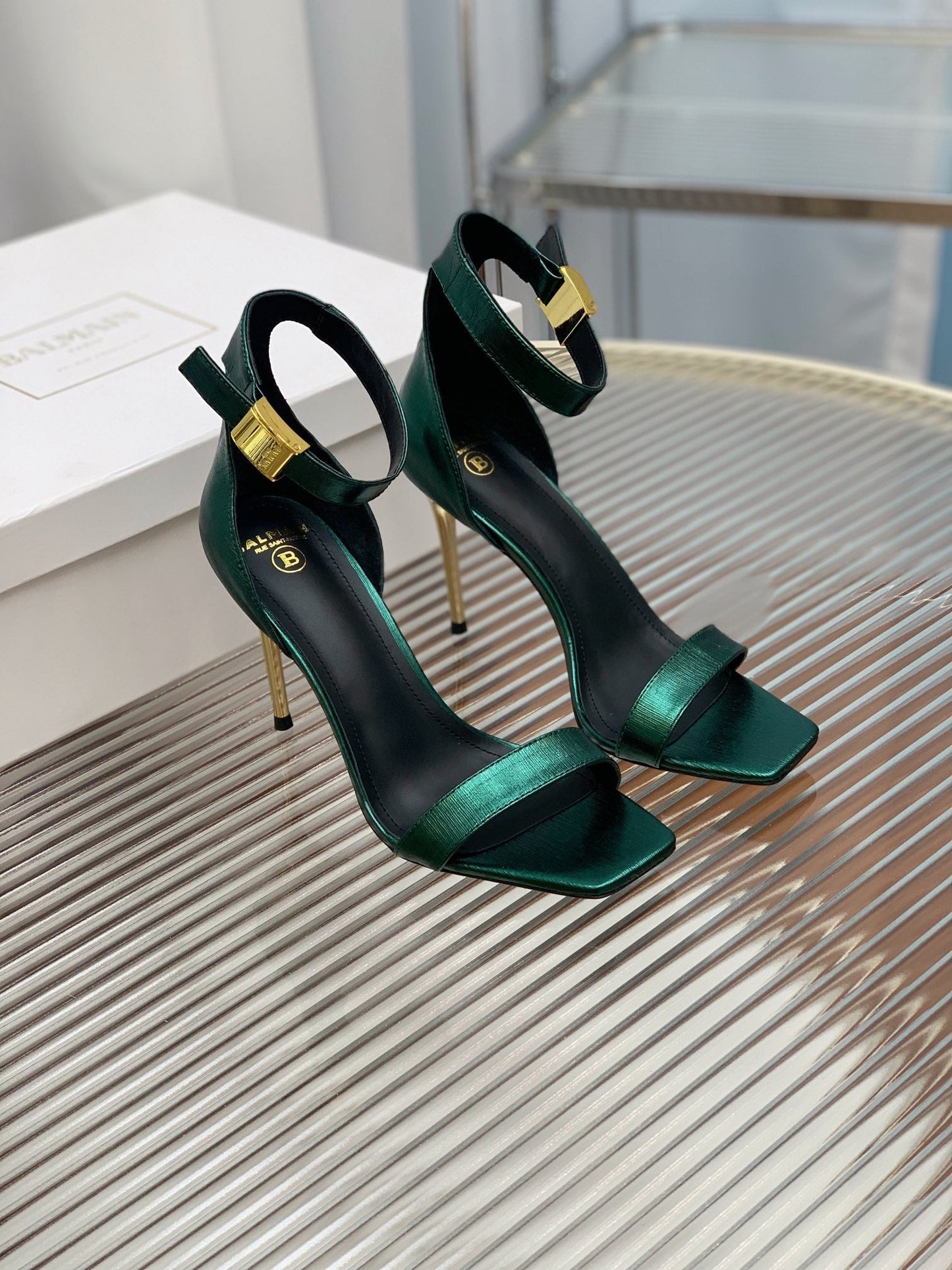 BALMAIN 25S METAL BUCKLE HIGH HEELS 95MM IN TEAL GREEN CALFSKIN