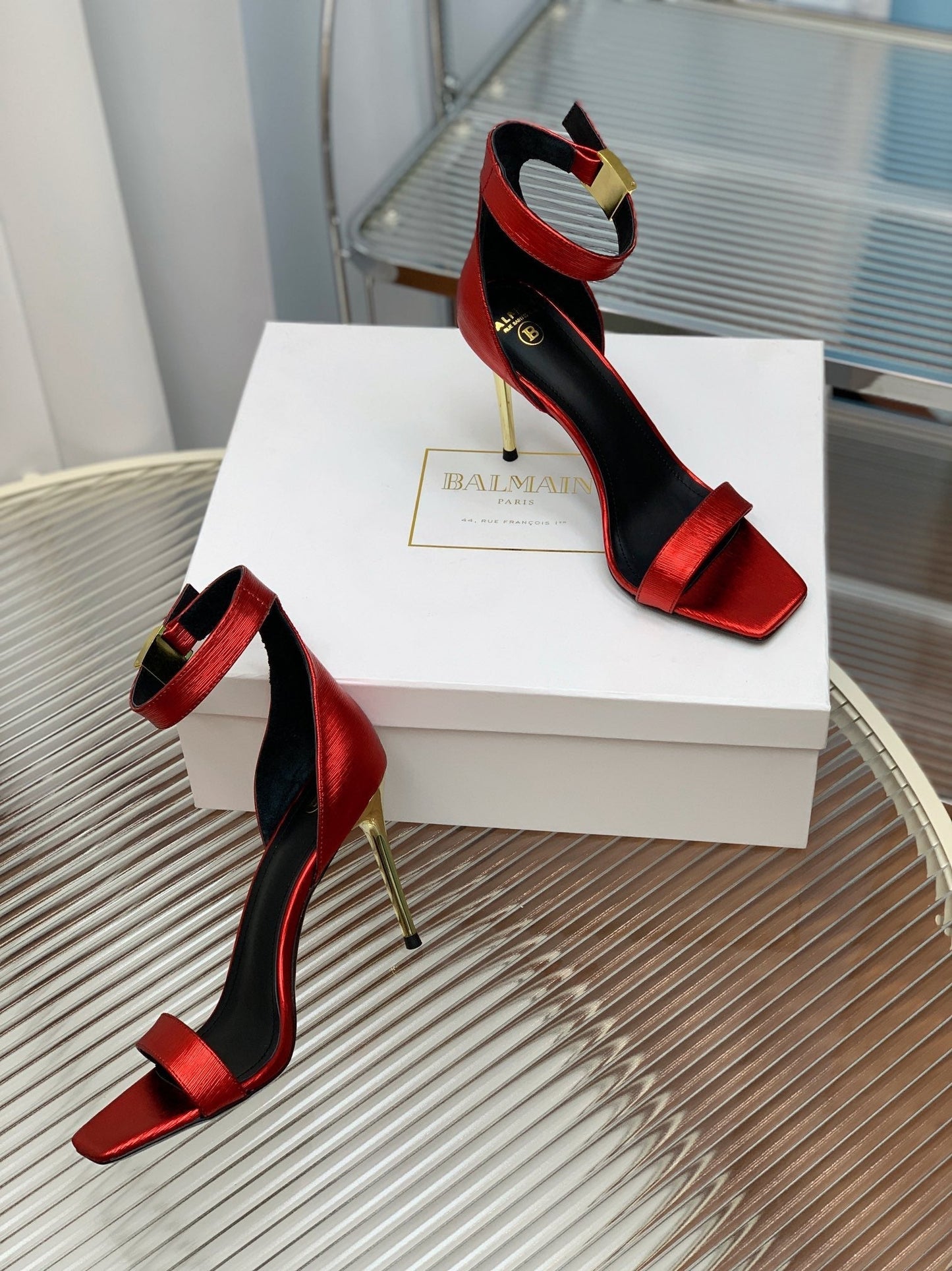 BALMAIN 25S METAL BUCKLE HIGH HEELS 95MM IN CHERRY RED CALFSKIN