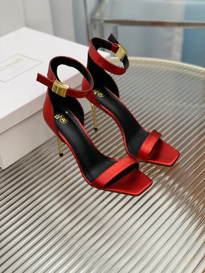 BALMAIN 25S METAL BUCKLE HIGH HEELS 95MM IN CHERRY RED CALFSKIN