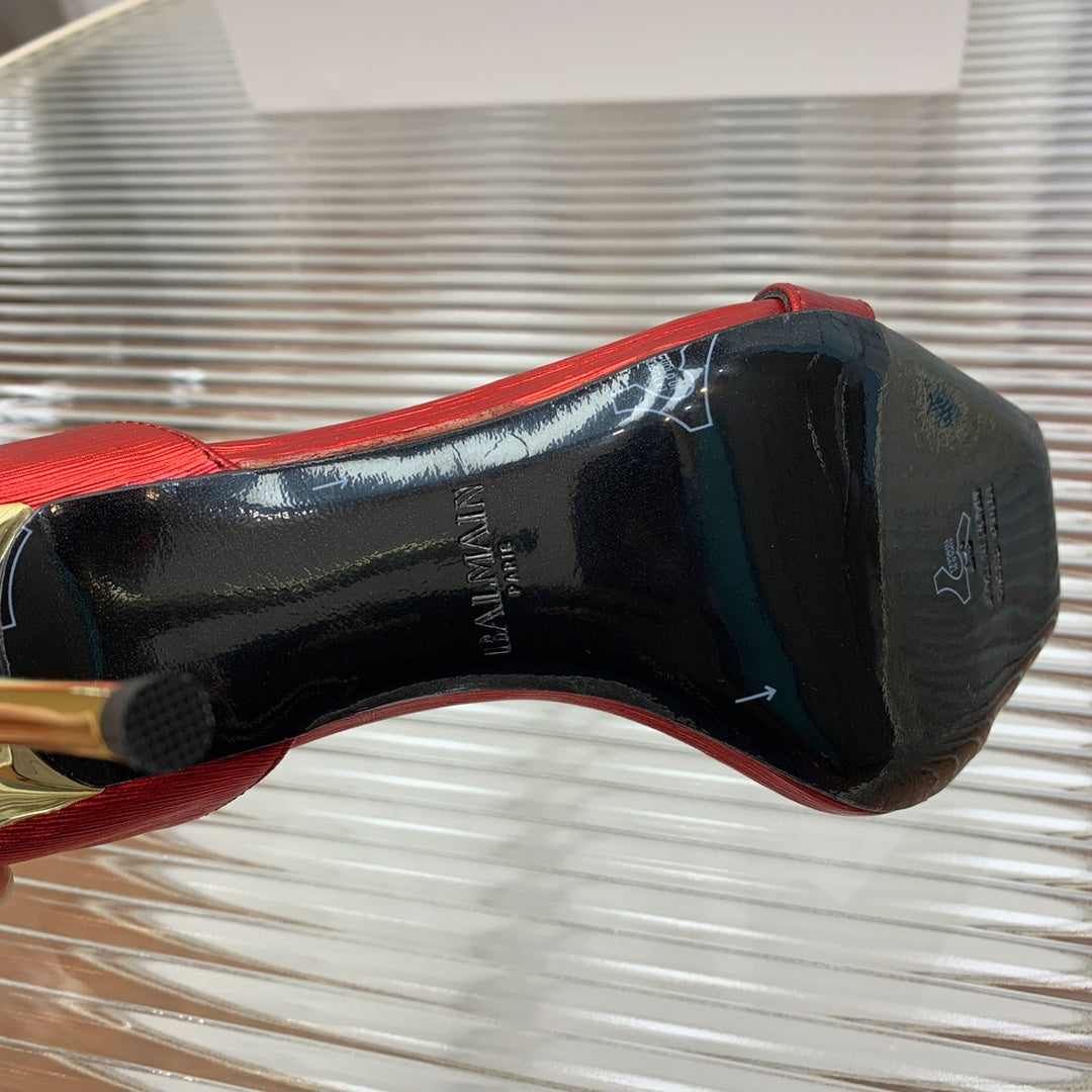 BALMAIN 25S METAL BUCKLE HIGH HEELS 95MM IN CHERRY RED CALFSKIN