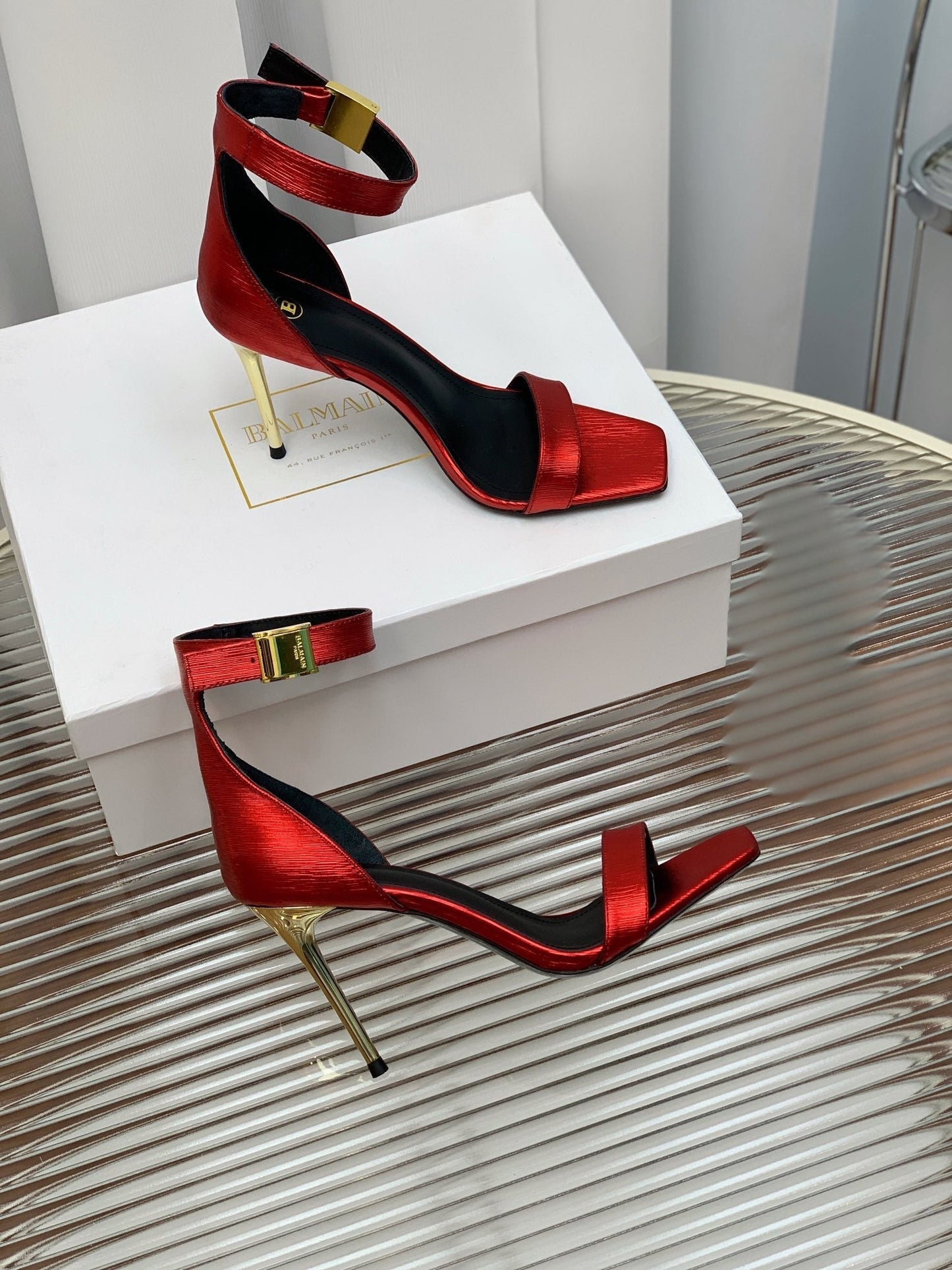 BALMAIN 25S METAL BUCKLE HIGH HEELS 95MM IN CHERRY RED CALFSKIN