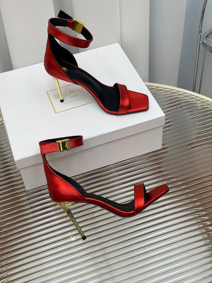 BALMAIN 25S METAL BUCKLE HIGH HEELS 95MM IN CHERRY RED CALFSKIN