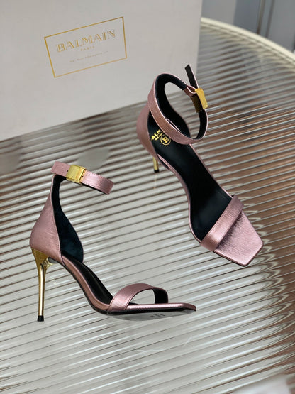 BALMAIN 25S METAL BUCKLE HIGH HEELS 95MM IN IRIDESCENT PURPLE CALFSKIN