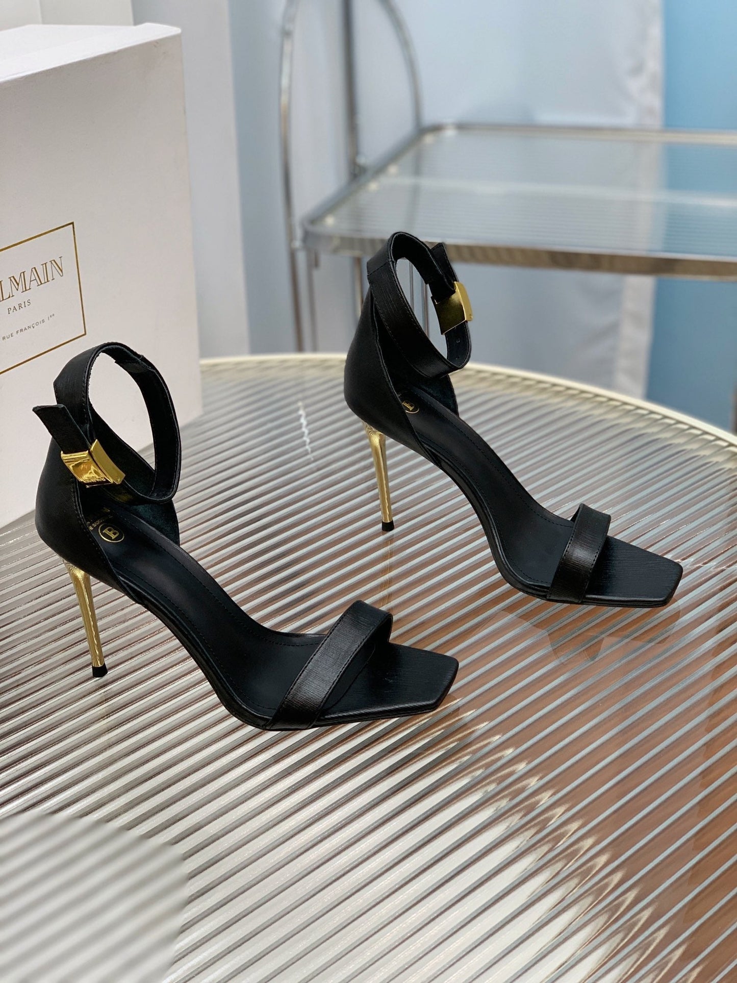 BALMAIN 25S METAL BUCKLE HIGH HEELS 95MM IN BLACK CALFSKIN