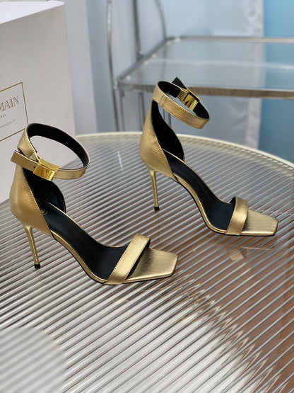 BALMAIN 25S METAL BUCKLE HIGH HEELS 95MM IN GOLD CALFSKIN