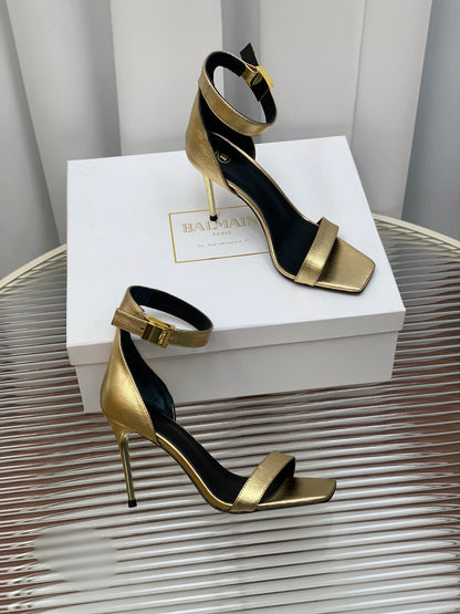 BALMAIN 25S METAL BUCKLE HIGH HEELS 95MM IN GOLD CALFSKIN
