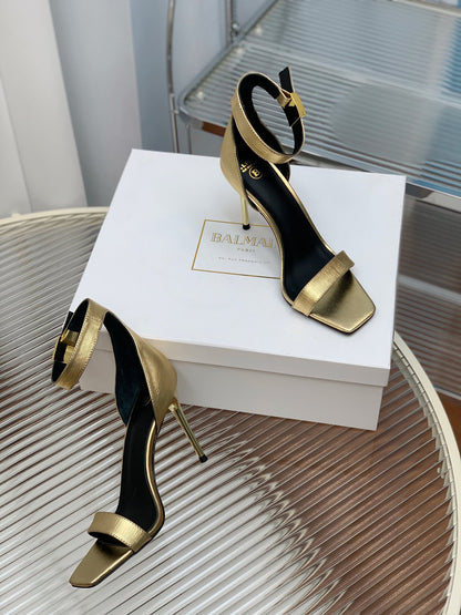BALMAIN 25S METAL BUCKLE HIGH HEELS 95MM IN GOLD CALFSKIN