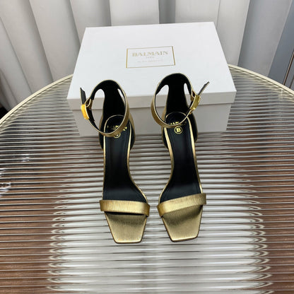 BALMAIN 25S METAL BUCKLE HIGH HEELS 95MM IN GOLD CALFSKIN