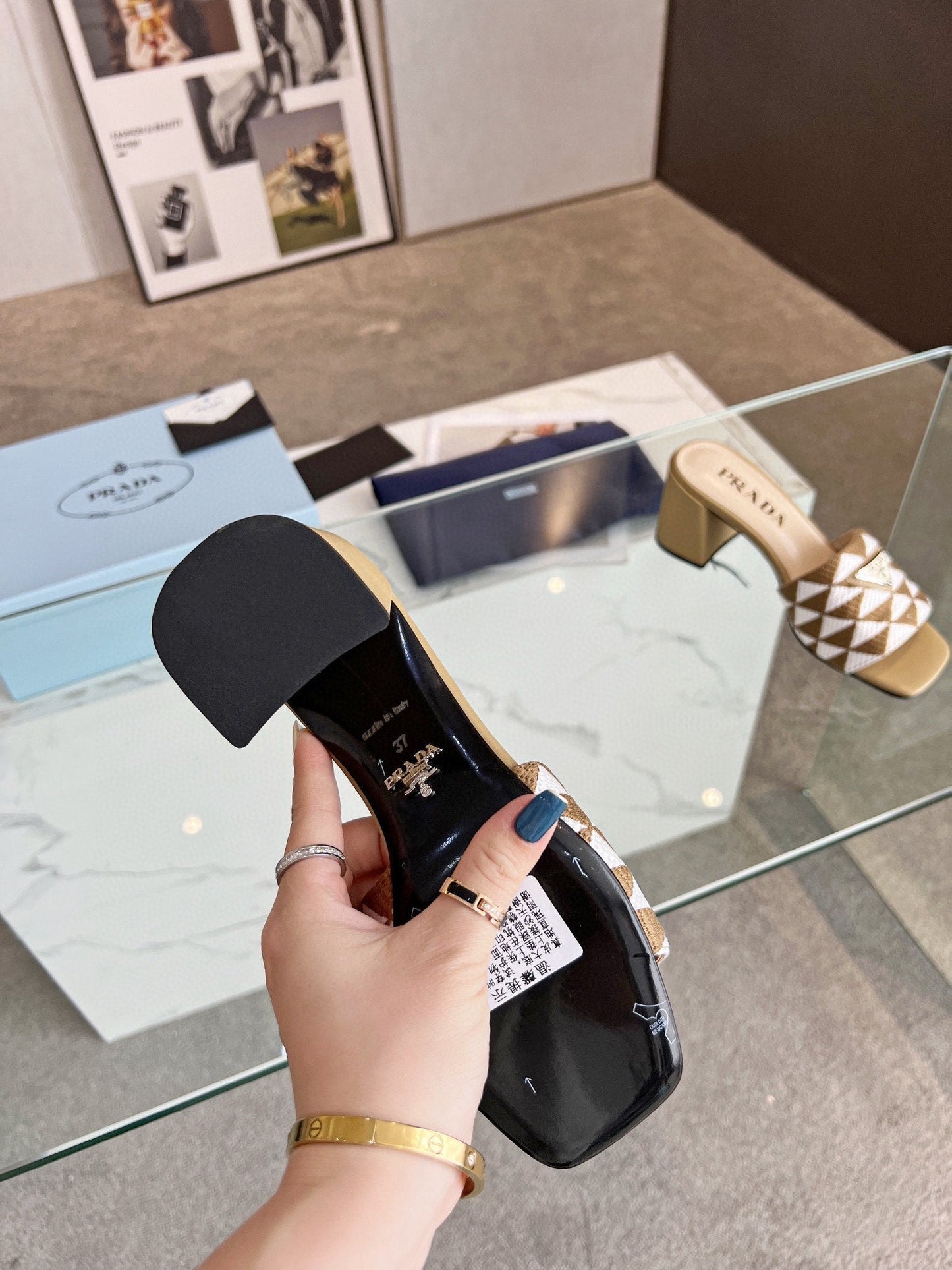 PRA EMBROIDERED SLIDES 65 TAWNY AND WHITE FABRIC