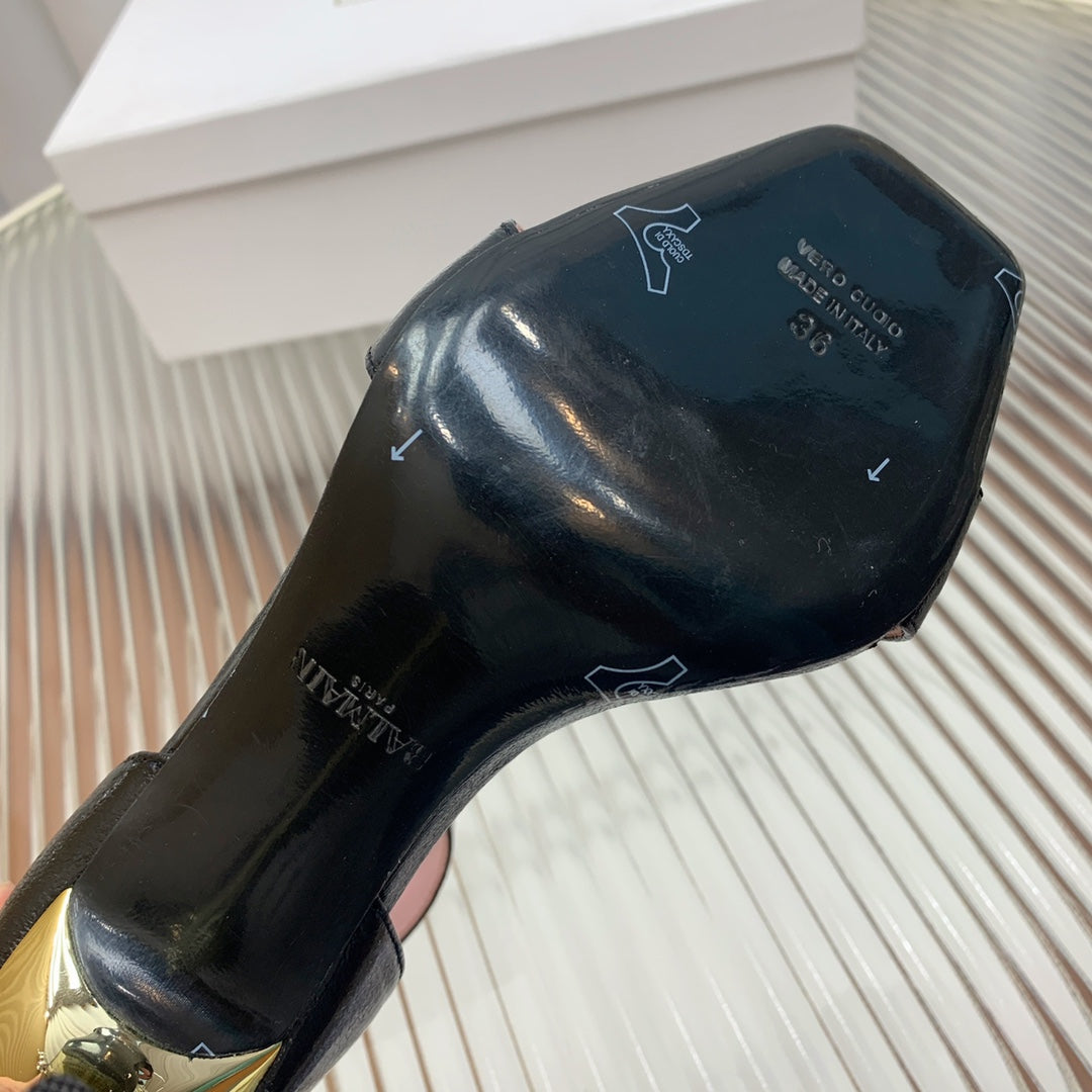 BALMAIN 25S B STRAP HIGH HEEL SANDALS 95MM IN BLACK GLOSSY CALFSKIN