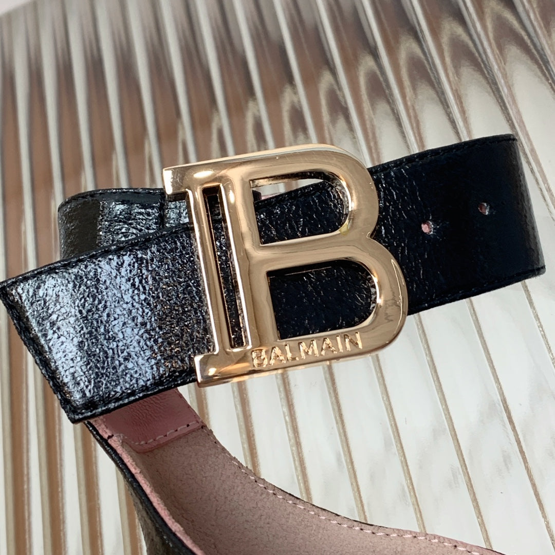 BALMAIN 25S B STRAP HIGH HEEL SANDALS 95MM IN BLACK GLOSSY CALFSKIN