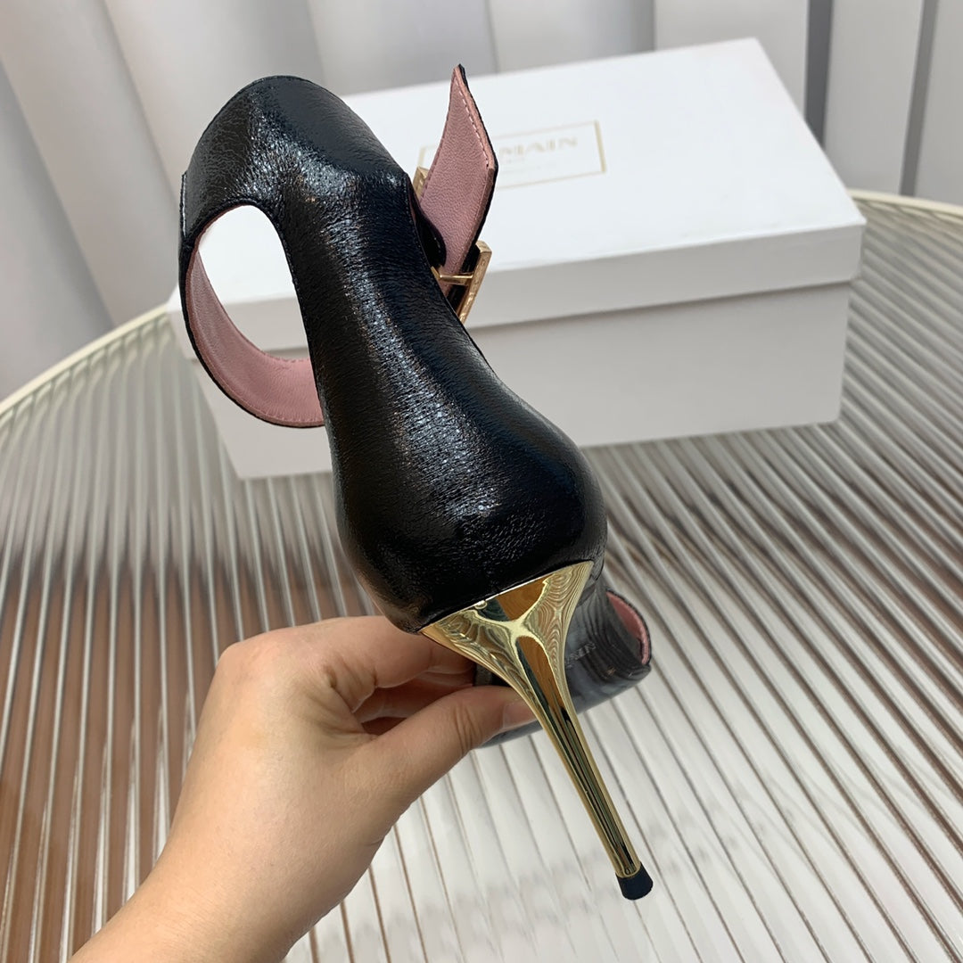 BALMAIN 25S B STRAP HIGH HEEL SANDALS 95MM IN BLACK GLOSSY CALFSKIN