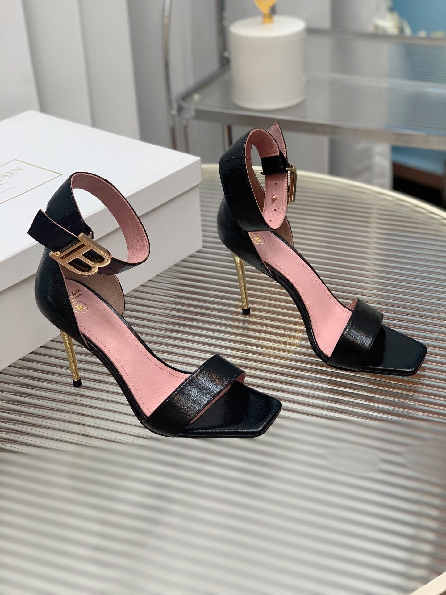 BALMAIN 25S B STRAP HIGH HEEL SANDALS 95MM IN BLACK GLOSSY CALFSKIN