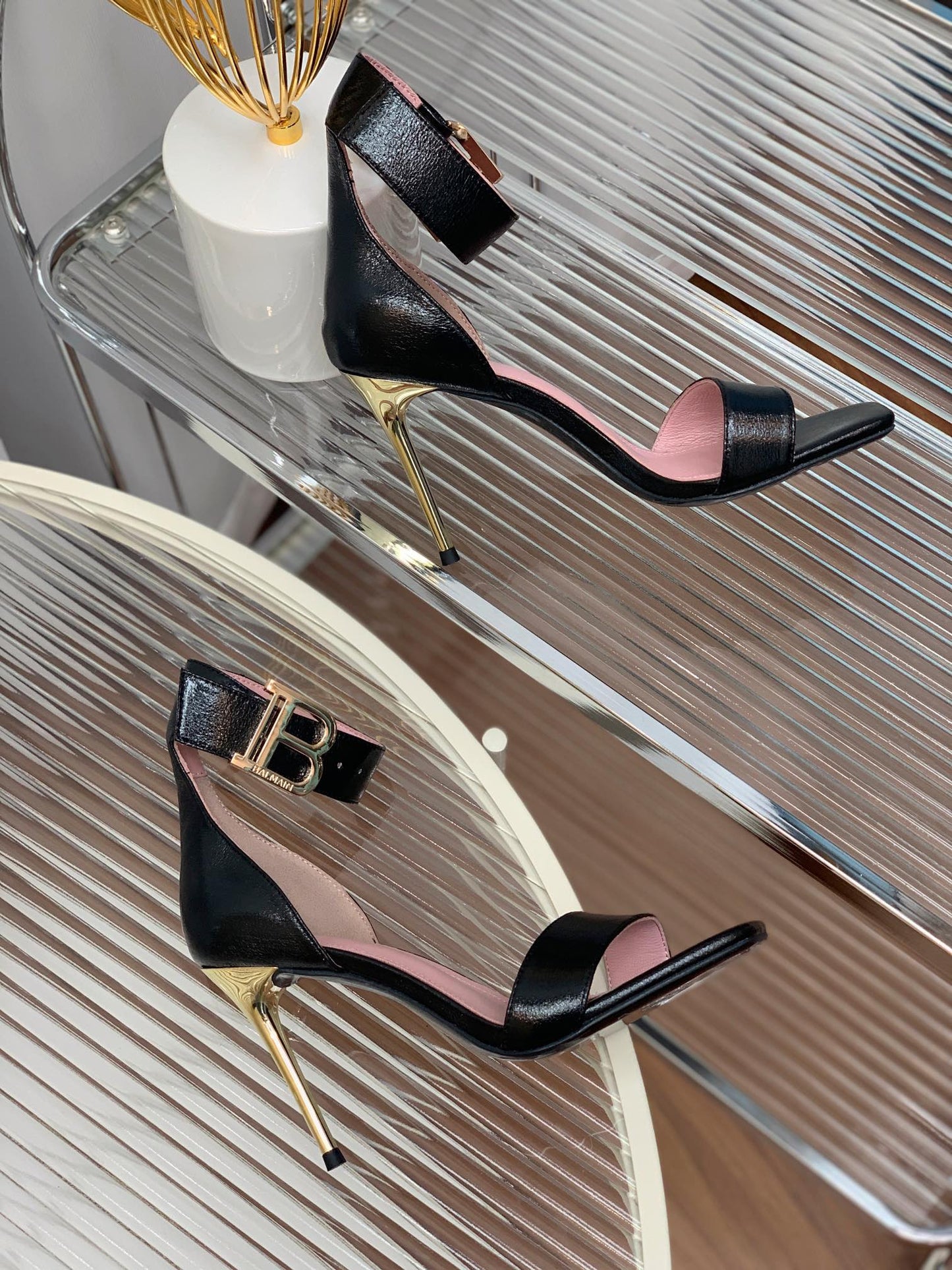 BALMAIN 25S B STRAP HIGH HEEL SANDALS 95MM IN BLACK GLOSSY CALFSKIN