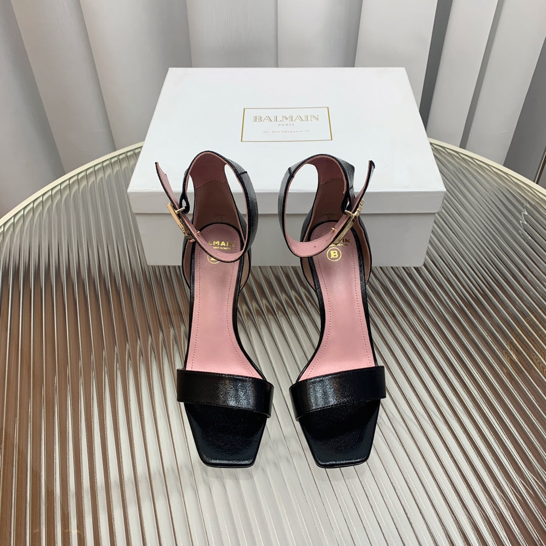 BALMAIN 25S B STRAP HIGH HEEL SANDALS 95MM IN BLACK GLOSSY CALFSKIN