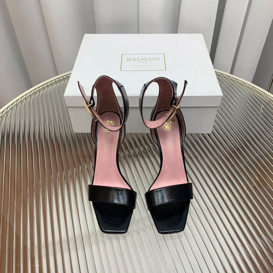BALMAIN 25S B STRAP HIGH HEEL SANDALS 95MM IN BLACK GLOSSY CALFSKIN