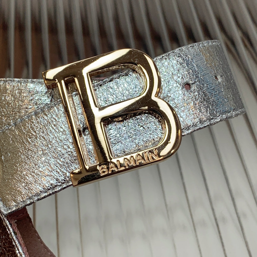 BALMAIN 25S B STRAP HIGH HEEL SANDALS 95MM IN SILVER CALFSKIN