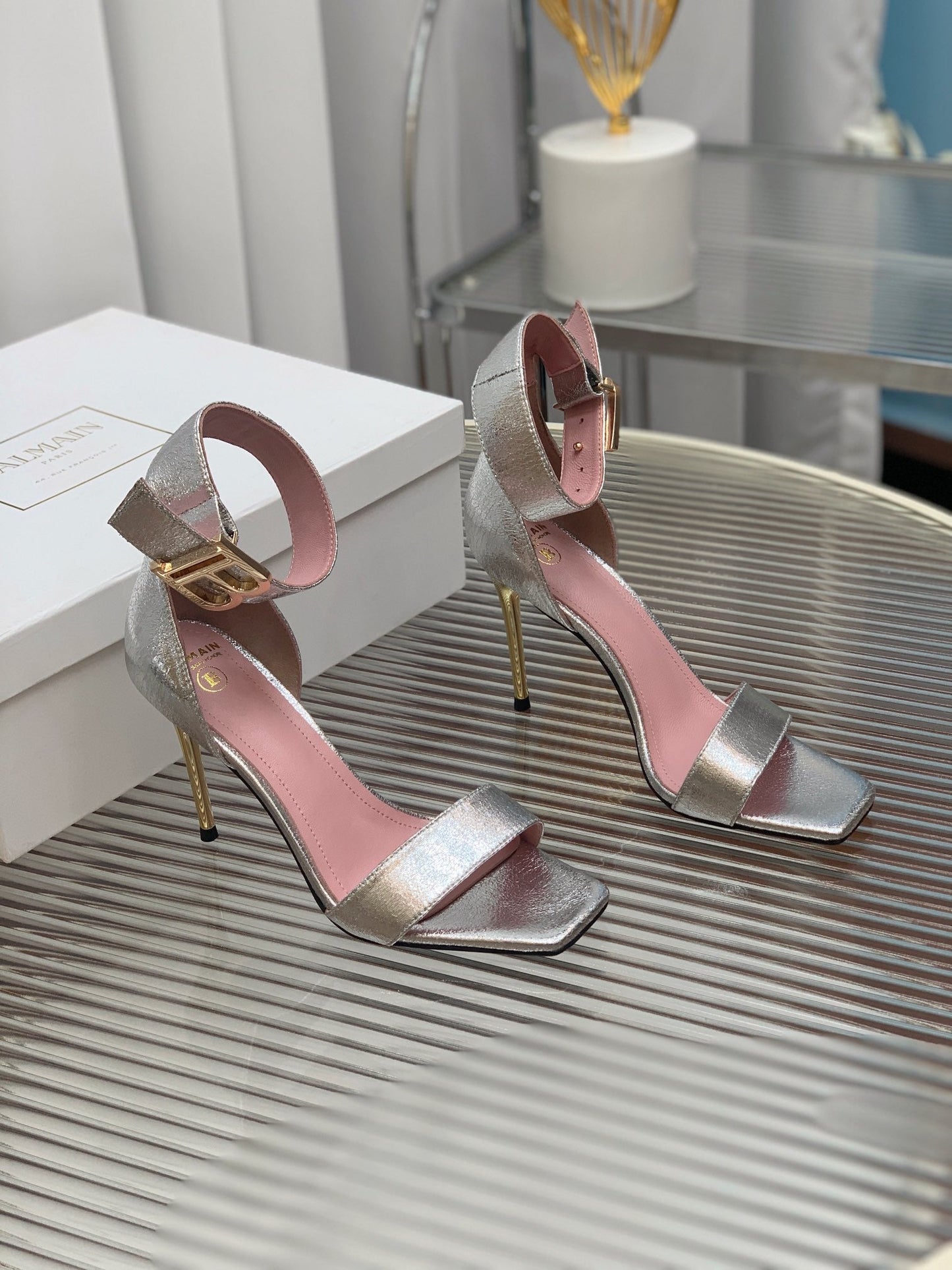 BALMAIN 25S B STRAP HIGH HEEL SANDALS 95MM IN SILVER CALFSKIN